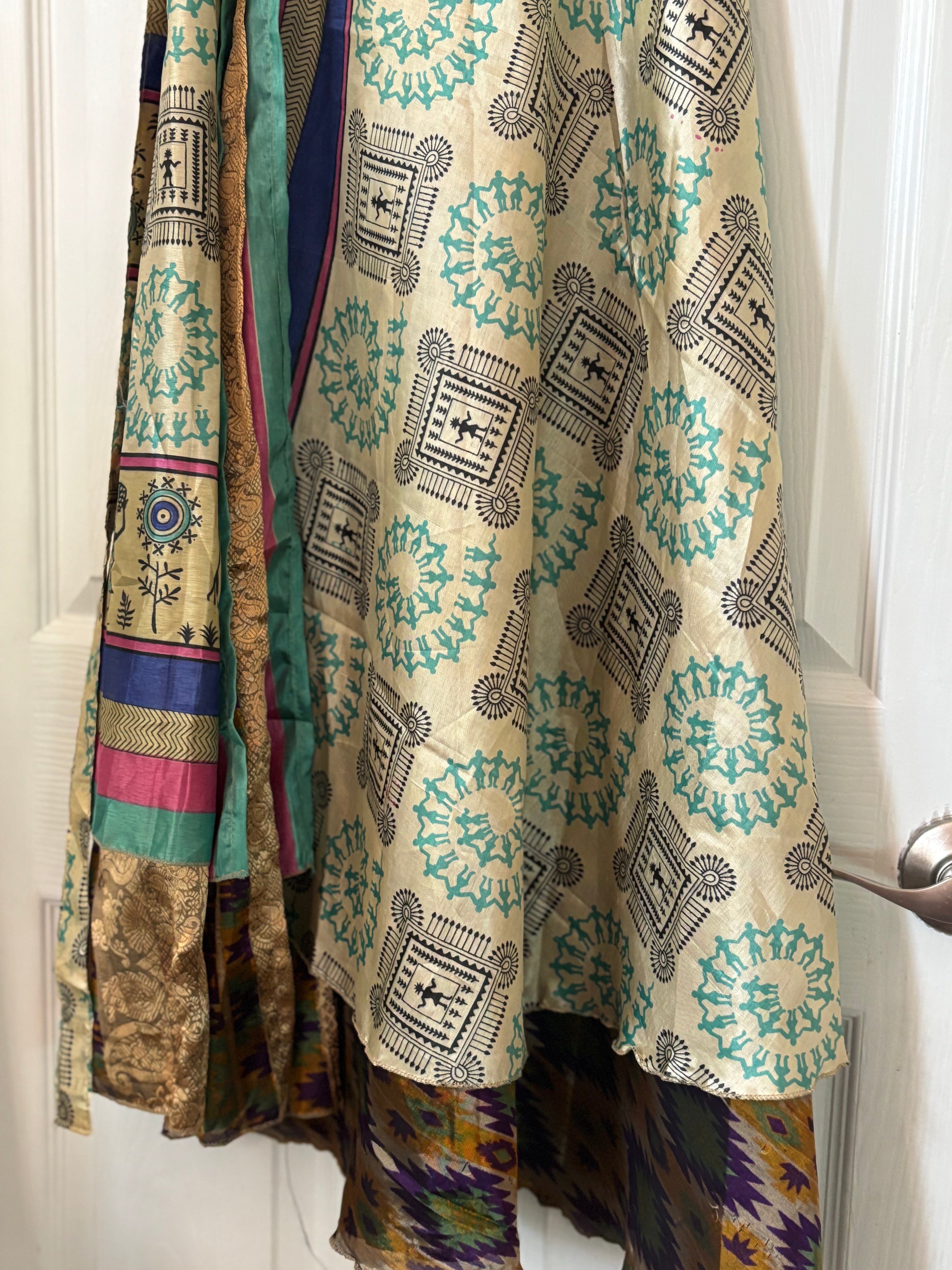 Bohemian Flowy Indian Silk Sari Wrap Skirt - Double Layer , Reversible | Free Flow Dancing Skirt