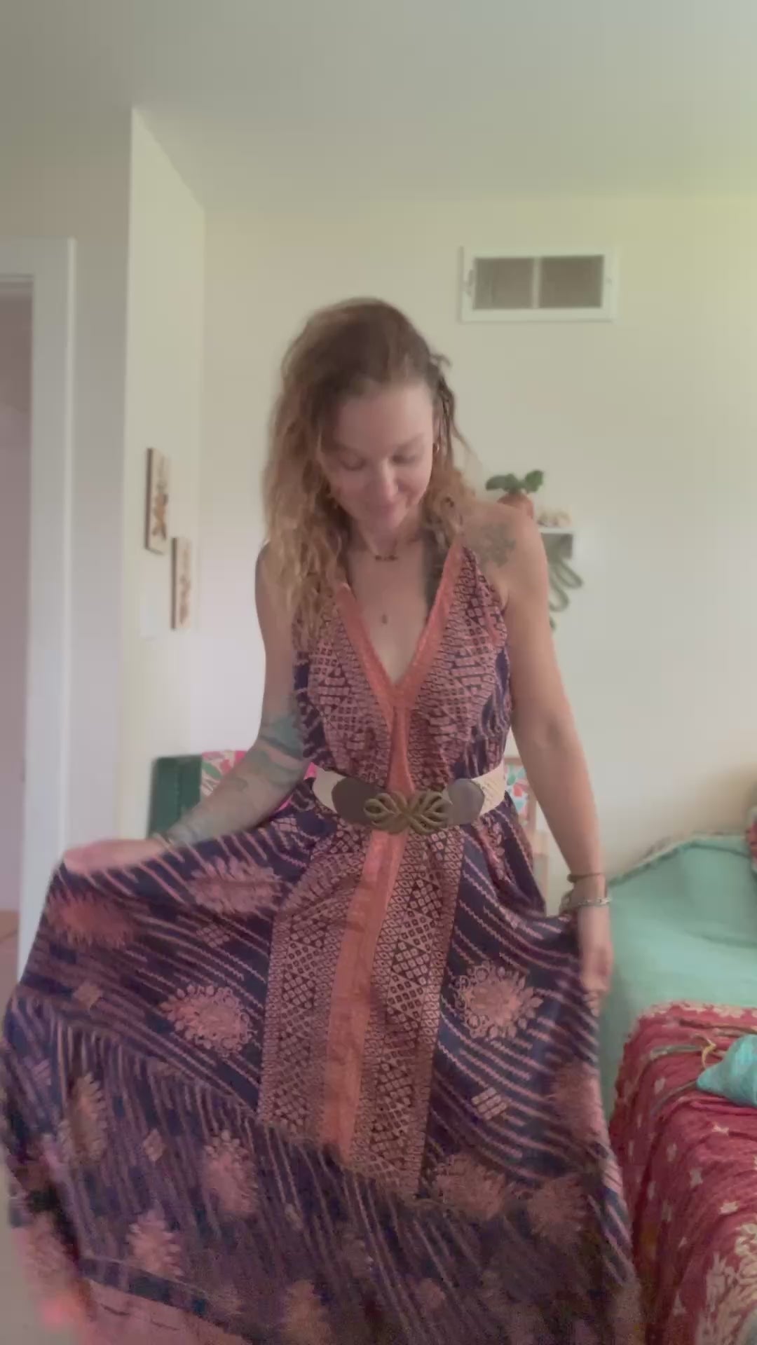 Boho Indian Silk Dress Low Strappy Back | Navy + Peach