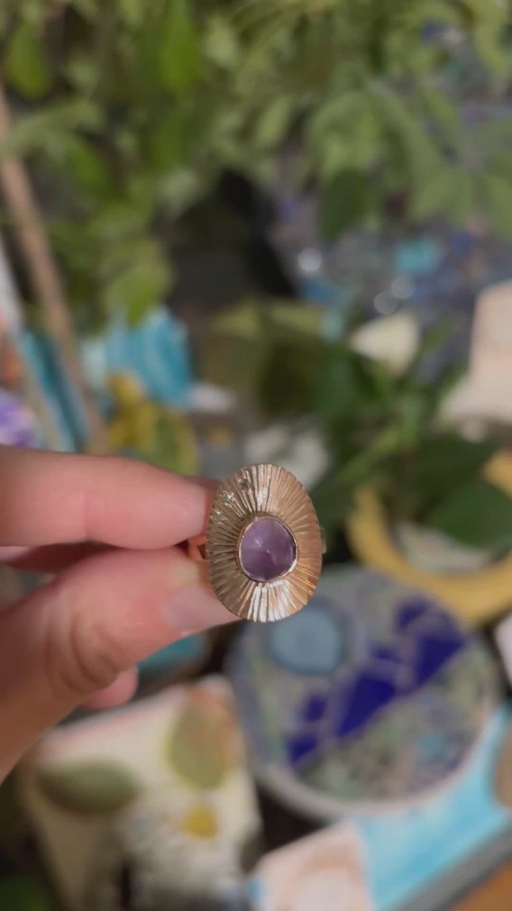 The Stevi Sunburst Ring ~ 14K Gold over 925 Sterling Silver | Rosecut Amethyst + Salt & Pepper Diamonds | Size 8